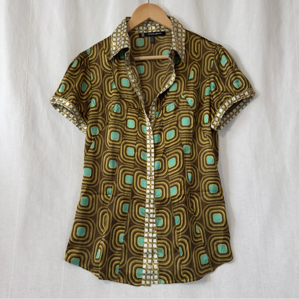 Retro Mod| Coupe | Geometric Print Button Down Blouse | US M